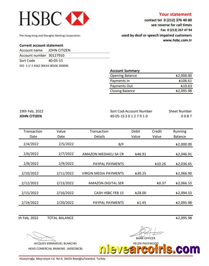 Turkey HSBC bank statement xls